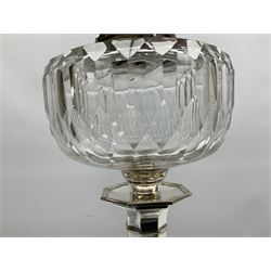 20th century Hawksworth, Eyre & Co silver plated oil lamp, the octagonal stepped base with engraved dedication, leading to an octagonal column supporting a faceted clear glass reservoir, Hinks Duplex burner, clear glass chimney, and cranberry glass shade, overall H71.5cm
