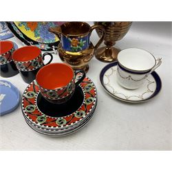 Pair of Wedgwood Jasperware candlesticks, together with further vase and trinket dish, Art Deco Solian Ware Soho Pottery four coffee cans and saucers, copper lustre, Bisto cup and saucer, Japanese plate, tallest H12cm