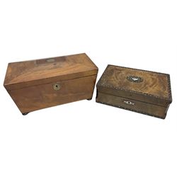 Walnut tea caddy of sarcophagus form, two division lidded interior with a later glass mixing bowl, upon four brass bun feet together with a walnut sewing box with mother of pearl inlaid decoration, tea caddy H16cm