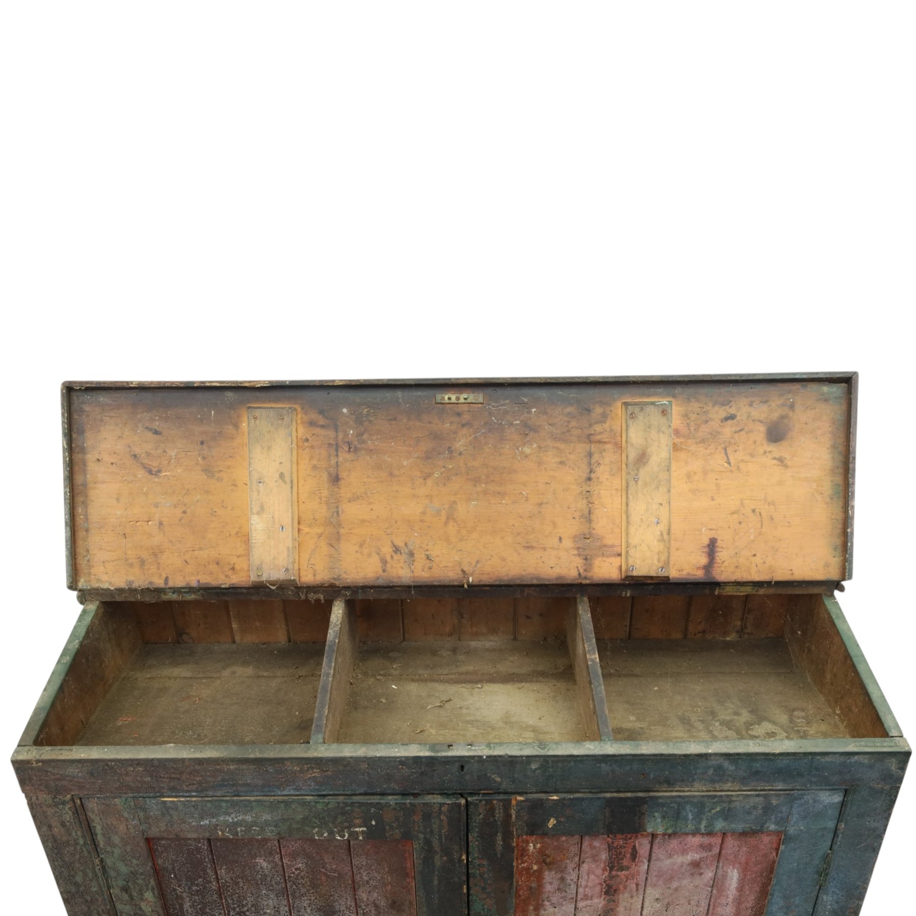 19th century painted and lacquered pine clerks desk bureau on cupboard, hinged fall-front enclosing three compartments, over slatted panelled doors enclosing two perforated shelves, on skirted base, in rustic forest green and red finish