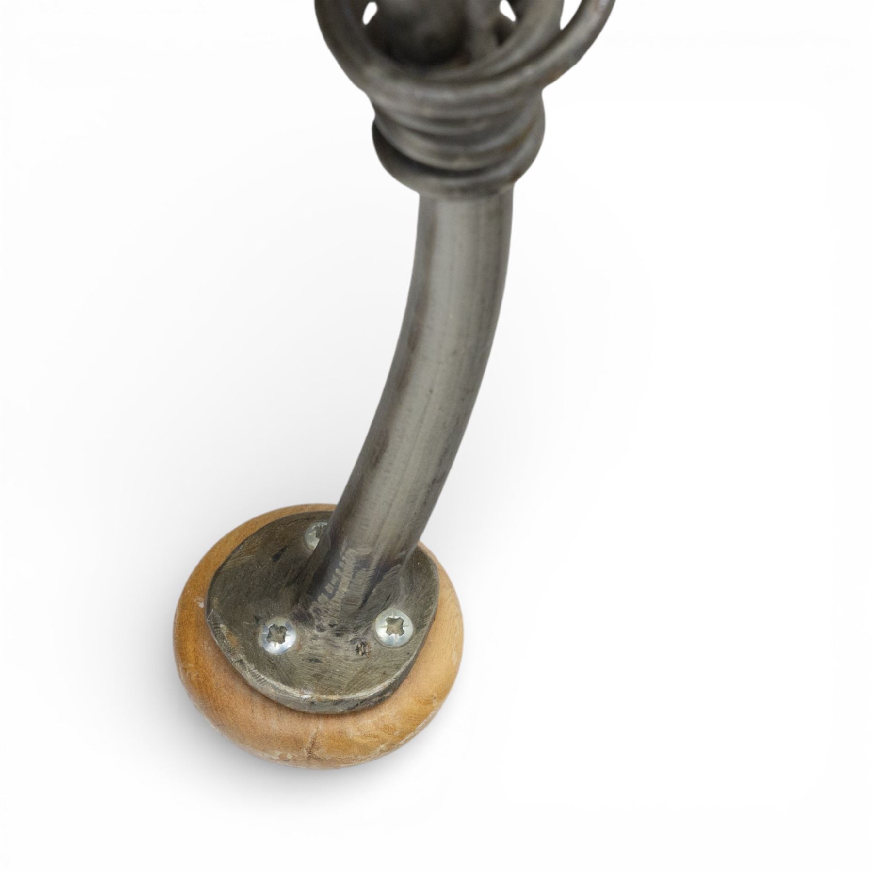 Paul Hodgkiss Designs of Glasgow - contemporary shaped elm dining table with wrought iron base; with set ten (8+2) matching high-back dining chairs, table of organic form above an elaborate wrought iron supports, with central elm stretcher, the chairs with en suite with matching wrought iron work burred elm headrest, purple velour upholstery with drop in seat     

Table: W 102cm, L 243cm, H 74cm
Chairs: W 56cm, D 52cm, H 130cm