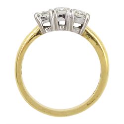 18ct gold three stone emerald cut diamond ring, London assay mark, total diamond weight 1.50 carat