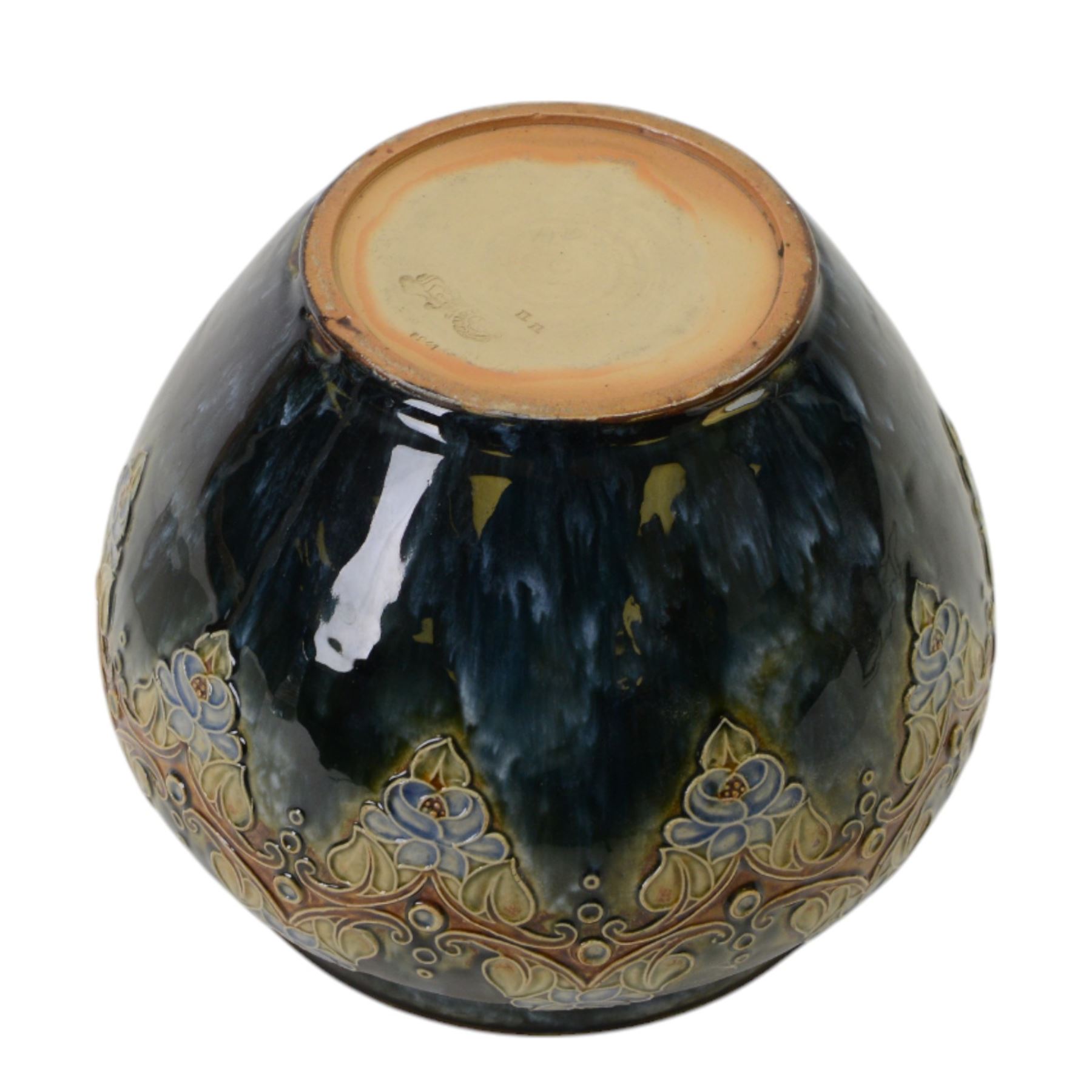  Royal Doulton jardiniere, decorated with repeating foliate boarder on a mottled blue green ground, H19cm
