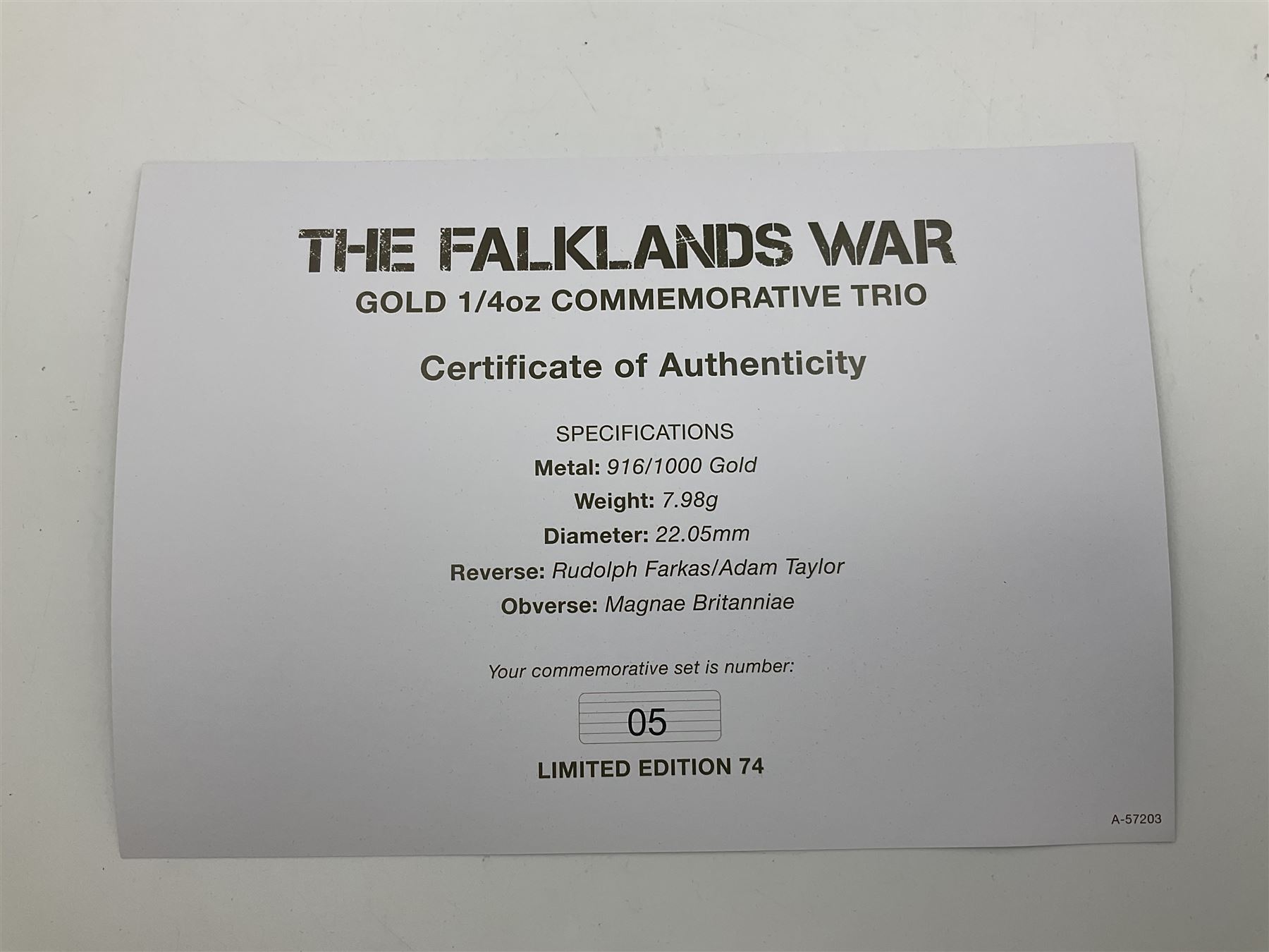 'The Falklands War 1982 2022' gold 1/4oz commemorative trio, each medallion being 7.98 grams of 22ct gold, cased with certificate 