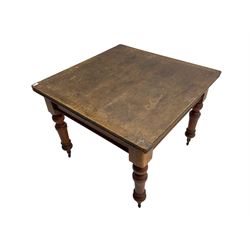Victorian pine and walnut dining table, drawer leaf extending pine top, on walnut base with turned supports