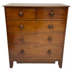19th century mahogany and pine chest, moulded rectangular top over two short and three long drawers, on shaped apron with bracket feet