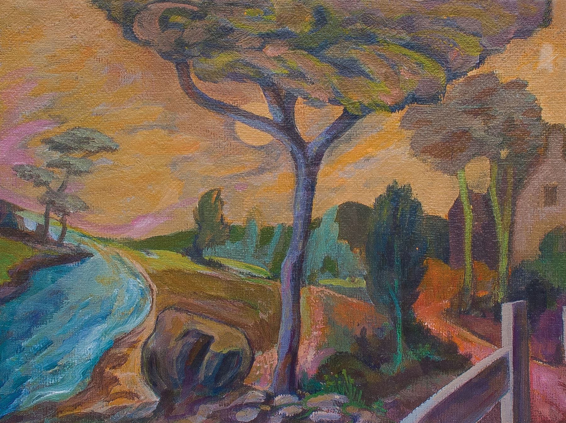 Graham Kingsley Brown (British 1932-2011): ‘Riverside House’, acrylic on board c.1991, signed and titled verso, 29.5cm x 22cm 
Notes: A larger example of the artist's 'decorative landscape' style of painting from the early 1990s, and the one remaining piece of this kind still available. This piece was a gift from Graham to his wife 
Elizabeth Brown, which is now offered for auction.