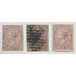 Canada Queen Victoria 1851-8 one half penny stamp, unused and two used examples, all previously mounted