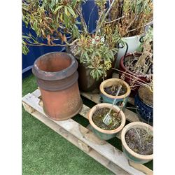 Quantity of plant pots and planters, mostly glazed and a terracotta chimney pot - THIS LOT IS TO BE COLLECTED BY APPOINTMENT FROM DUGGLEBY STORAGE, GREAT HILL, EASTFIELD, SCARBOROUGH, YO11 3TX