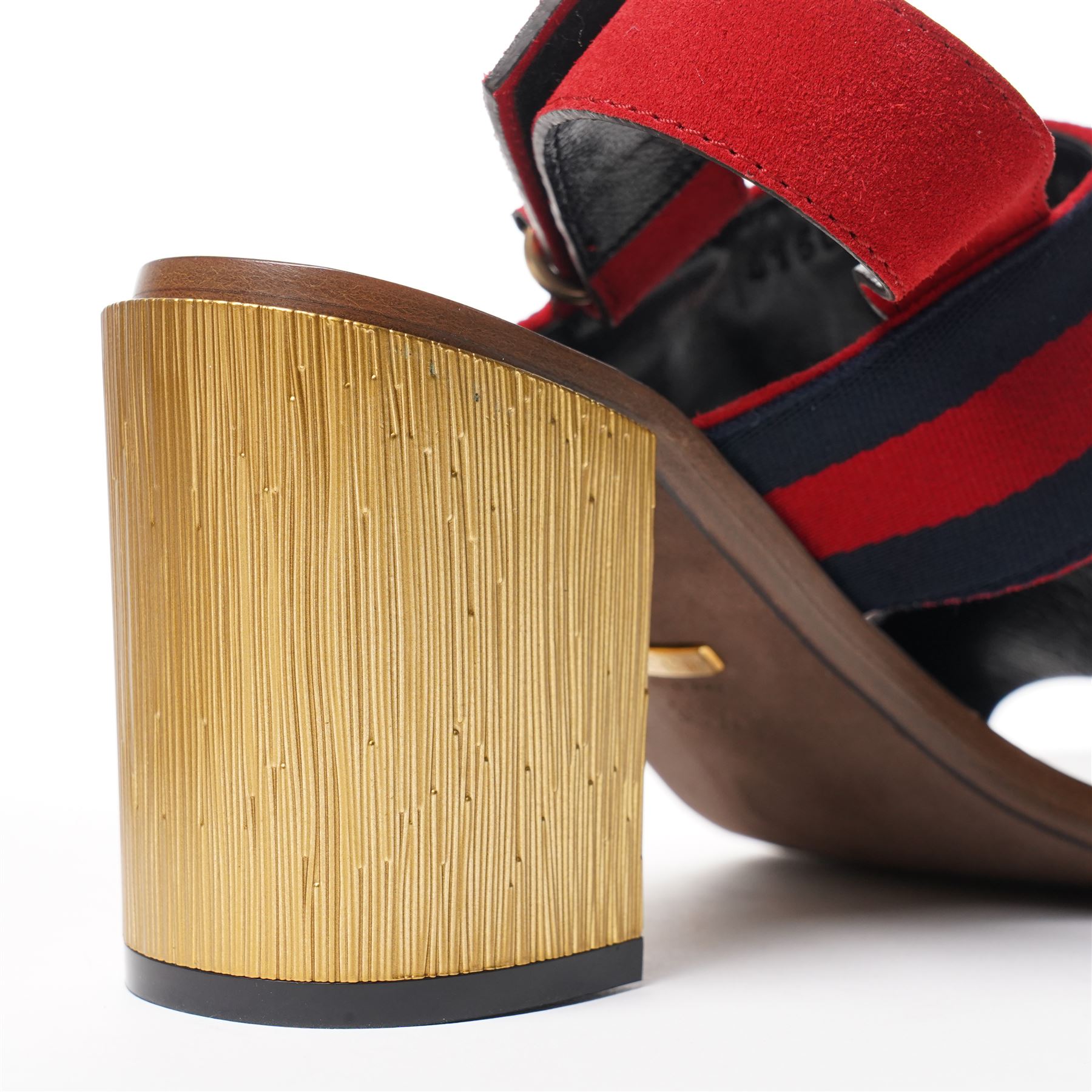 Gucci - pair of heeled sandals, with red suede front straps and indigo and red web stripe ankle straps with gold tone horse-bit detail, on bark-effect gilt block heels, size 36½, unused with original dust bags