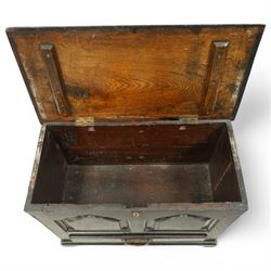 18th century and later oak coffer bach, moulded hinged lid over panelled front and single drawer, shaped and stepped arch panels, on bracket feet, in black paint finish