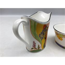 Wedgwood limited edition Clarice Cliff Design The Connoisseur Collection comprising Cornwall coffee pot, Windbells milk jug and Secrets sugar bowl, with certificates of authenticity