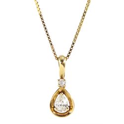 14ct gold pear and round brilliant cut diamond pendant, on 18ct gold box link chain, stamped or tested, total diamond weight approx 0.25 carat