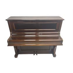 Knauss Coblenz - early 20th century rosewood cased upright piano, straight strung iron movement, simulated ivory keys