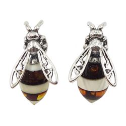 Pair of silver amber bee stud earrings, stamped 925