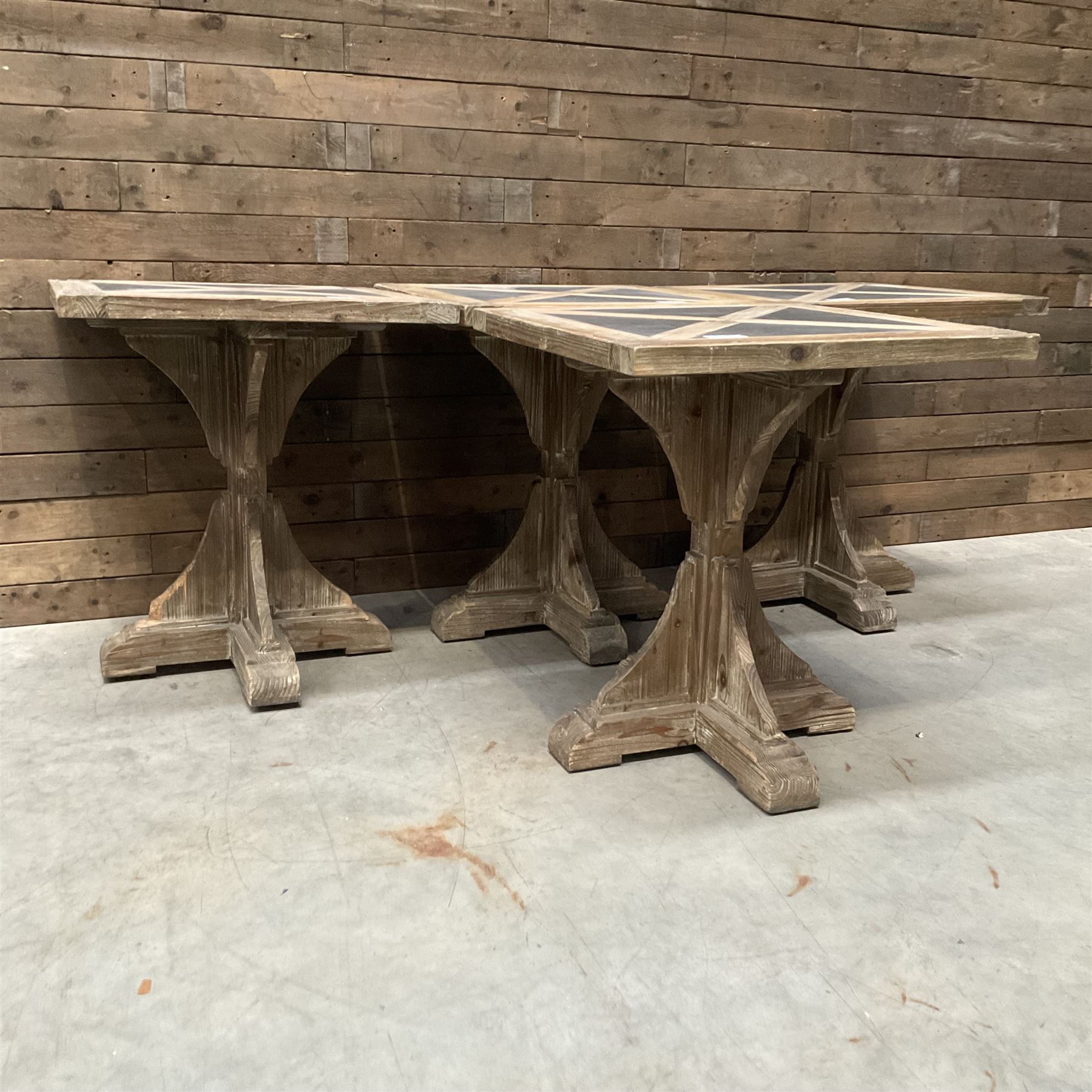 4 x Rustic square restaurant bistro table, parquetry top, X shaped base