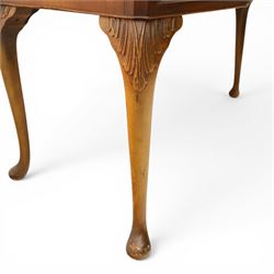 Early 20th century Queen Anne design figure walnut desk, triple inset leather writing surface, fitted with five drawers