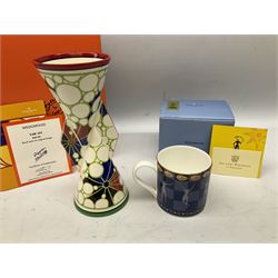 Wedgwood Clarice Cliff 'Yo-Yo' vase in the 'Broth' pattern, H23cm; boxed with certificate; and signed Wedgwood Millenium mug; boxed with paperwork (2)