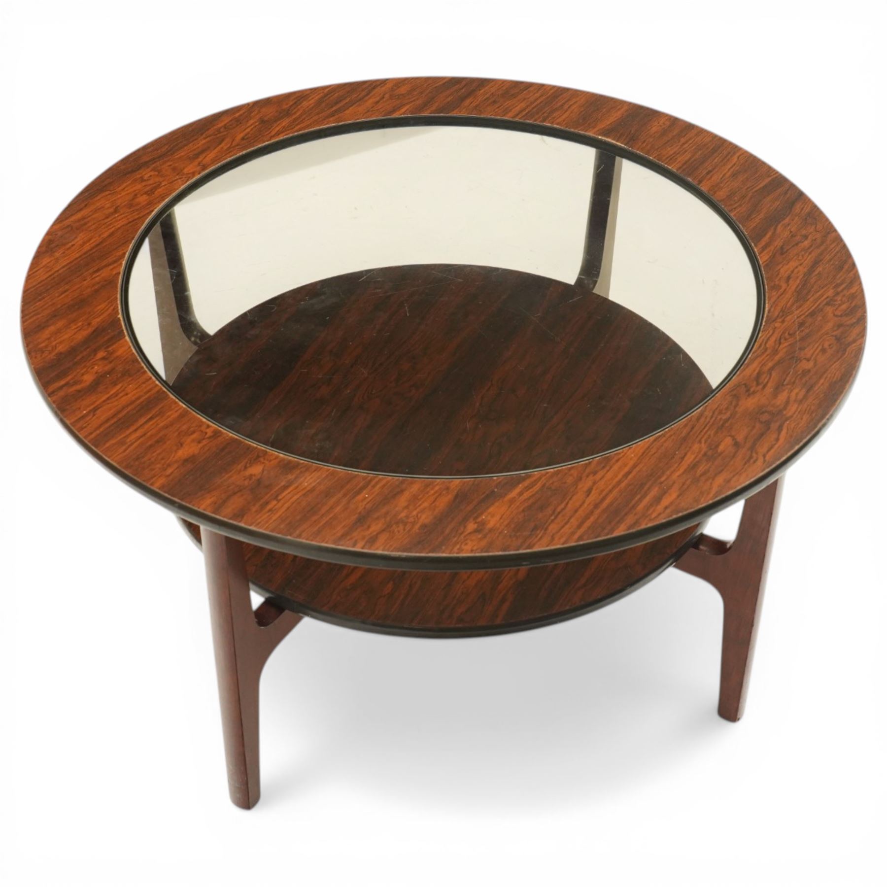 Mid 20th century Greaves & Thomas simulated rosewood circular coffee table, inset glass top with circular undertier on four tapering legs