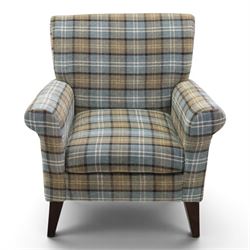 Contemporary armchair, upholstered in blue chequered fabric, dark stained square tapered supports