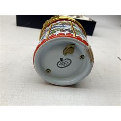 Two Halcyon Days enamel musical boxes, the first example playing Papageno's Song from the Magic Flute by W A Mozart, the second The Carousel Waltz composed by Richard Rodgers for the 1956 film Carousel, each in fitted box 