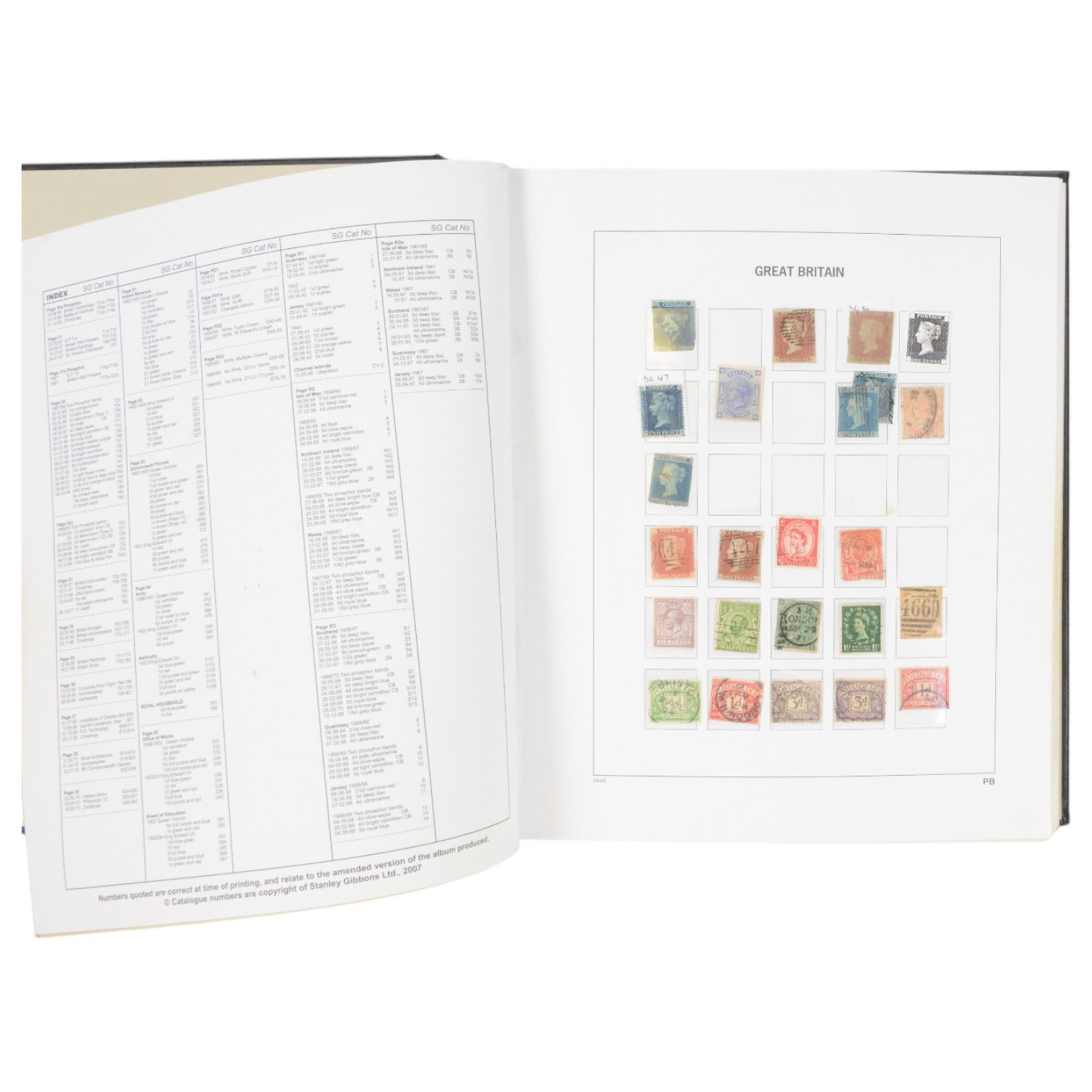 Extensive single album collection of Great British Queen Victoria and later stamps, including QV penny black with three margins, 1840 two pence blue, perf two pence blues with white lines added, QV one pound brown lilac, QV one pound green, King George V seahorses, 1929 Postal Union Congress one pound black, King George VI 1939-48 set of six with ten shillings dark blue, Queen Elizabeth II pre-decimal issues, housed in a Stanley Gibbons Great Britain 2001 album, a well presented collection with few ommissions