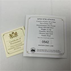 Queen Elizabeth II Channel Islands and Isle of Man silver proof five pound coins, comprising Bailiwick of Jersey 2016 'Lest we Forget', 2019 'D-Day 75th Anniversary' three coin set', Bailiwick of Guernsey 2020 'Florence Nightingale 200th Anniversary' and Isle of Man 2021 'William and Kate Wedding Anniversary', all cased with certificates