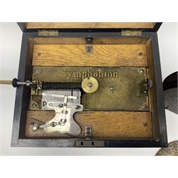 Symphonia of Leipzig - late 19th century German polyphon with thirteen 20cm steel playing discs, mahogany case with original manufacturer illustrated trade label on the underside of the lid, single comb with 41 teeth (one broken), crank key missing. Movement untested.