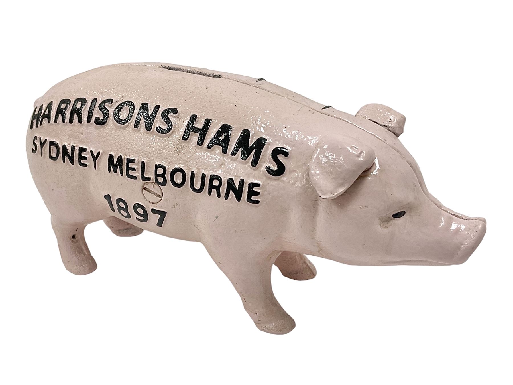Cast iron Harrisons Hams money box, H10cm