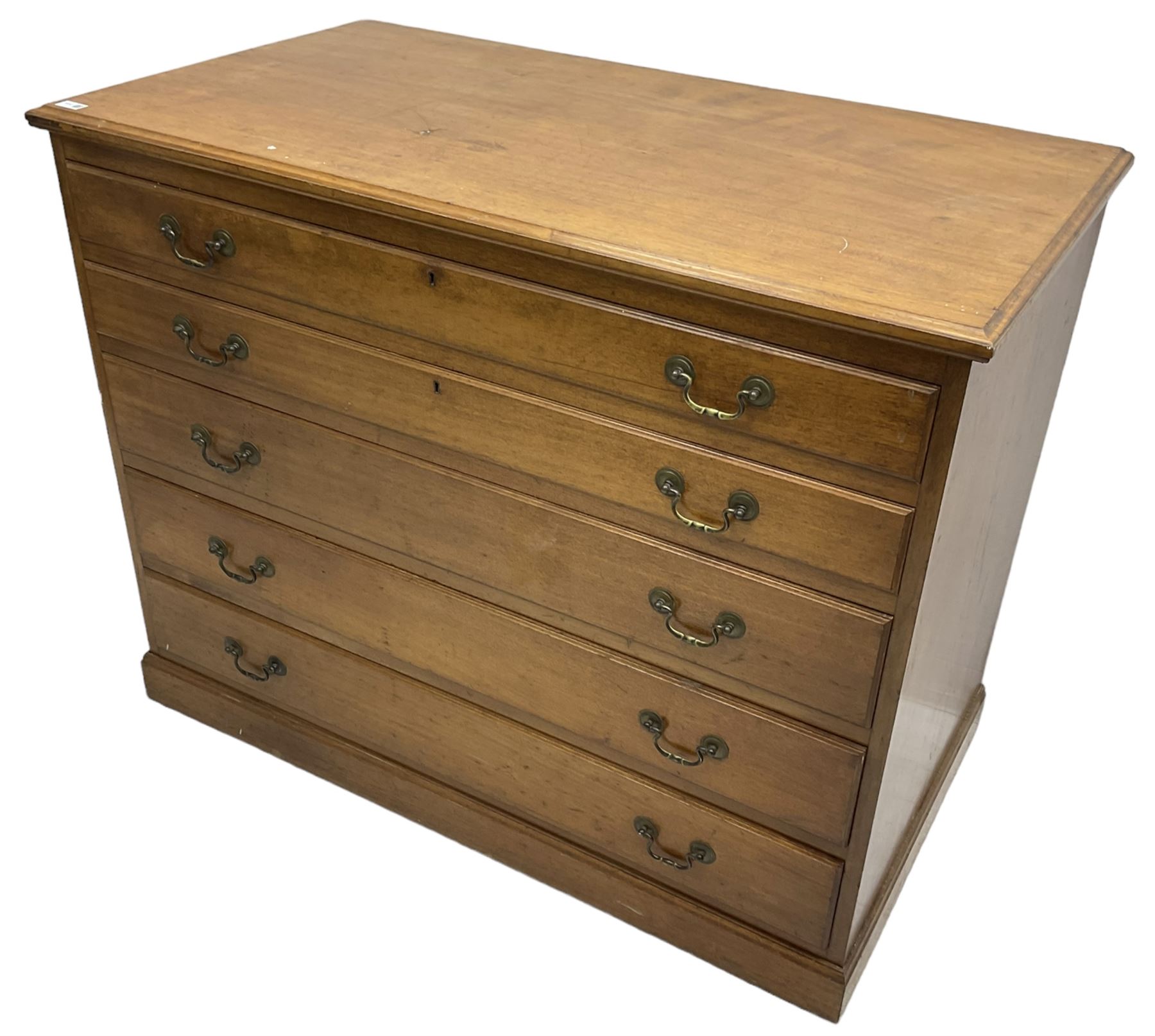 20th century mahogany plan chest, moulded rectangular top over five graduating drawers, on moulded plinth base