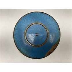 Cloisonné plate decorated with birds and flowers, together with a pair of Cloisonné vases of baluster form 