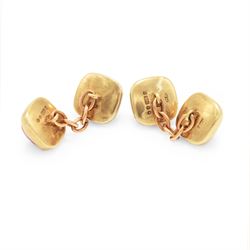 Pair of 9ct gold amethyst cufflinks, each head set with a square cabochon cut amethyst, London 1966
