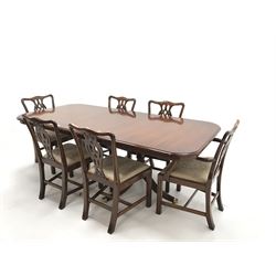 Wade Georgian style mahogany twin pedestal extending dining table, turned supports on shaped brass capped feet (W214cm, H80cm, D100cm) and set six (4+2) Chippendale style chairs, upholstered seat, square supports (W55cm)