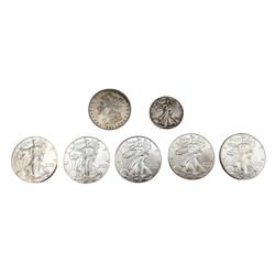 United States of America coinage, comprising 1880 O Morgan dollar, 1944 half dollar and five one ounce fine silver one dollar coins dated 2011, 2016, 2017, 2018, 2019