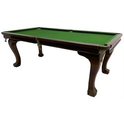 Riley - early 20th century mahogany snooker dining table, slate bed snooker table with dining leaves, on cabriole supports with ball and claw feet; together with accessories 