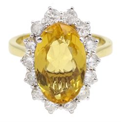 18ct gold oval golden citrine and round brilliant cut diamond cluster ring, hallmarked, total diamond weight approx 1.15 carat 