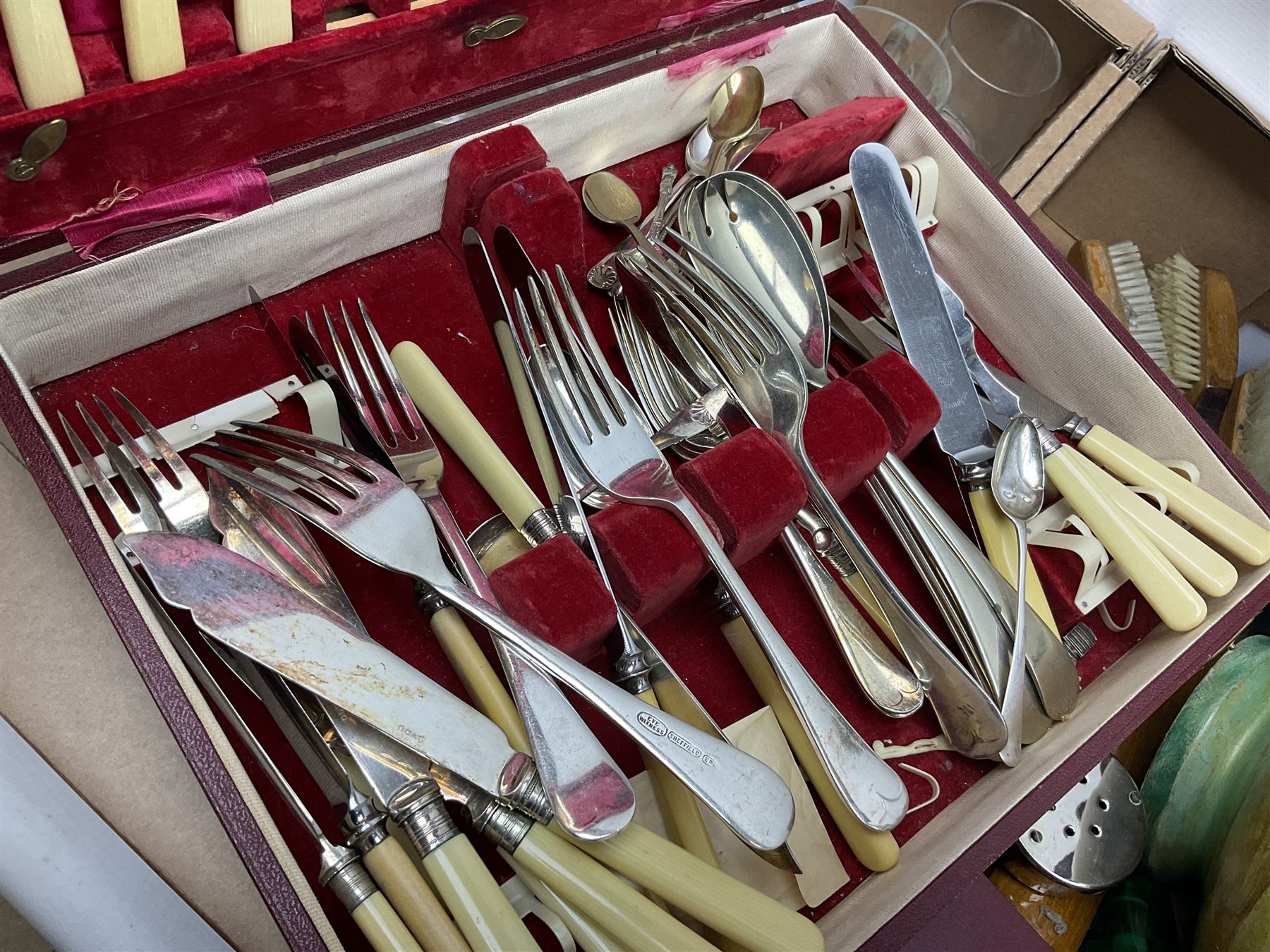 Onyx box with claw feet, together with gilt framed mirror, cut glass vase and other collectables, in three boxes 