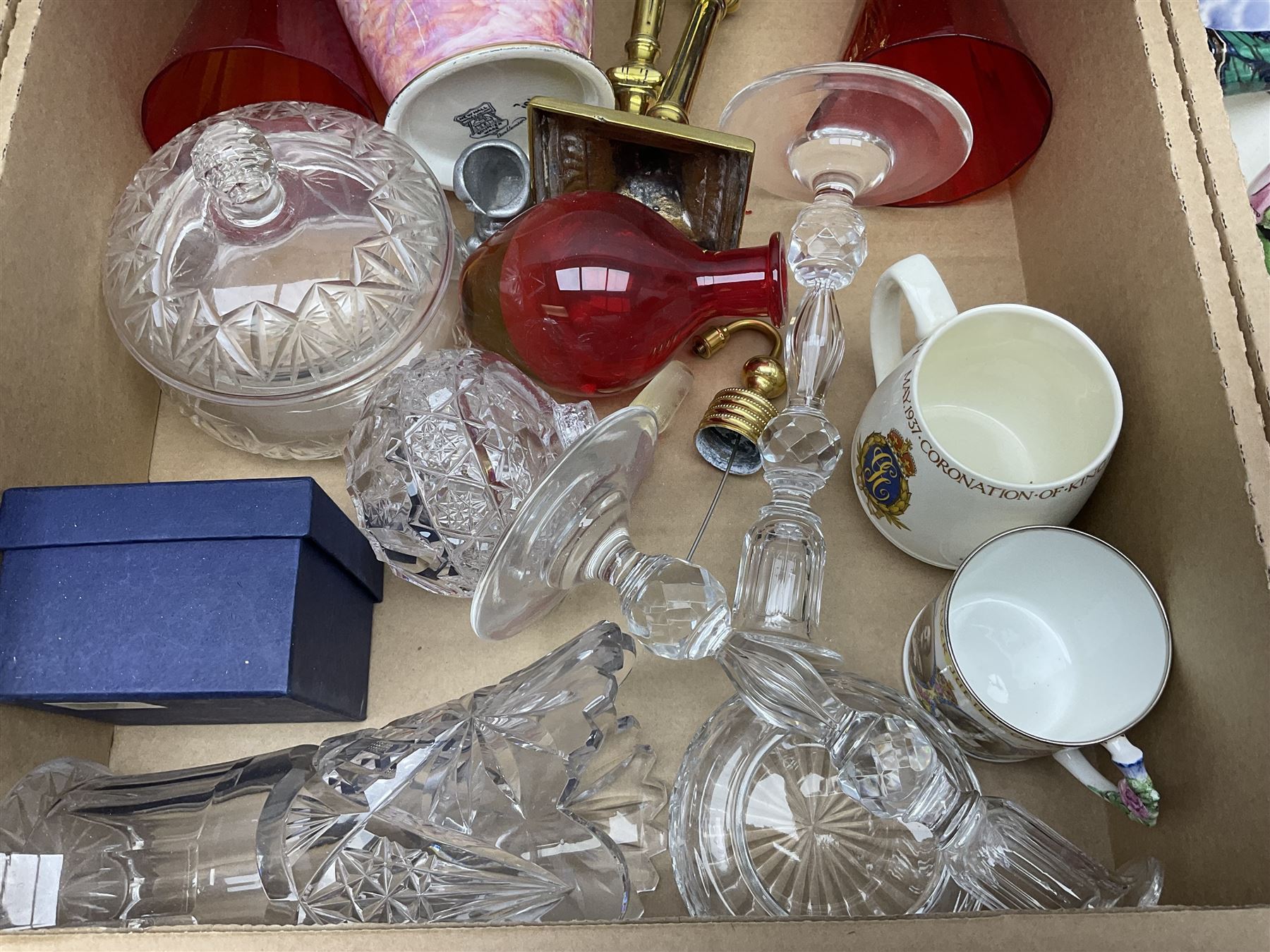 Newhall Boumier Ware vase, two Maling lustre bowlsmParagon George V commemorative cup, collection of ceramics and coloured and cut glassware, etc, in three boxes