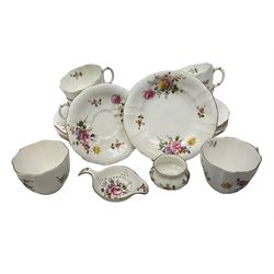 Six Royal Crown Derby teacup trios decorated in the 'Derby Posies' pattern, together with a strainer etc