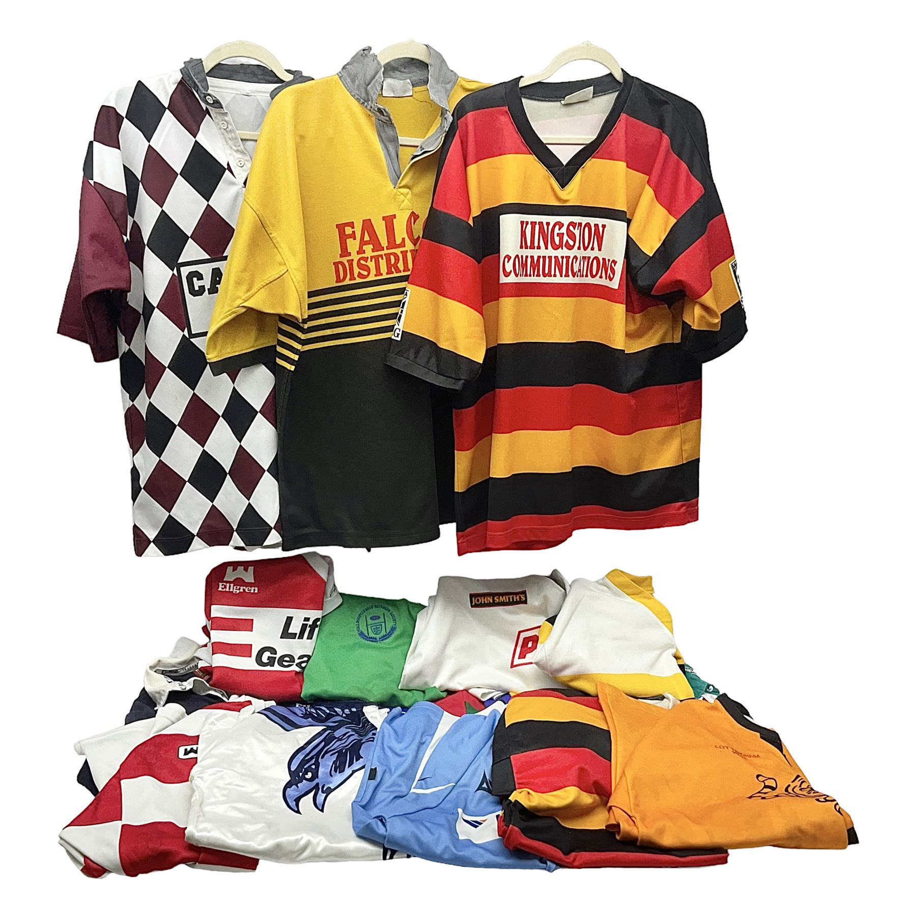 Eighteen Rugby League shirts, including Wigan, Leeds, Warrington and Huddersfield, etc and a Scotland international shirt
