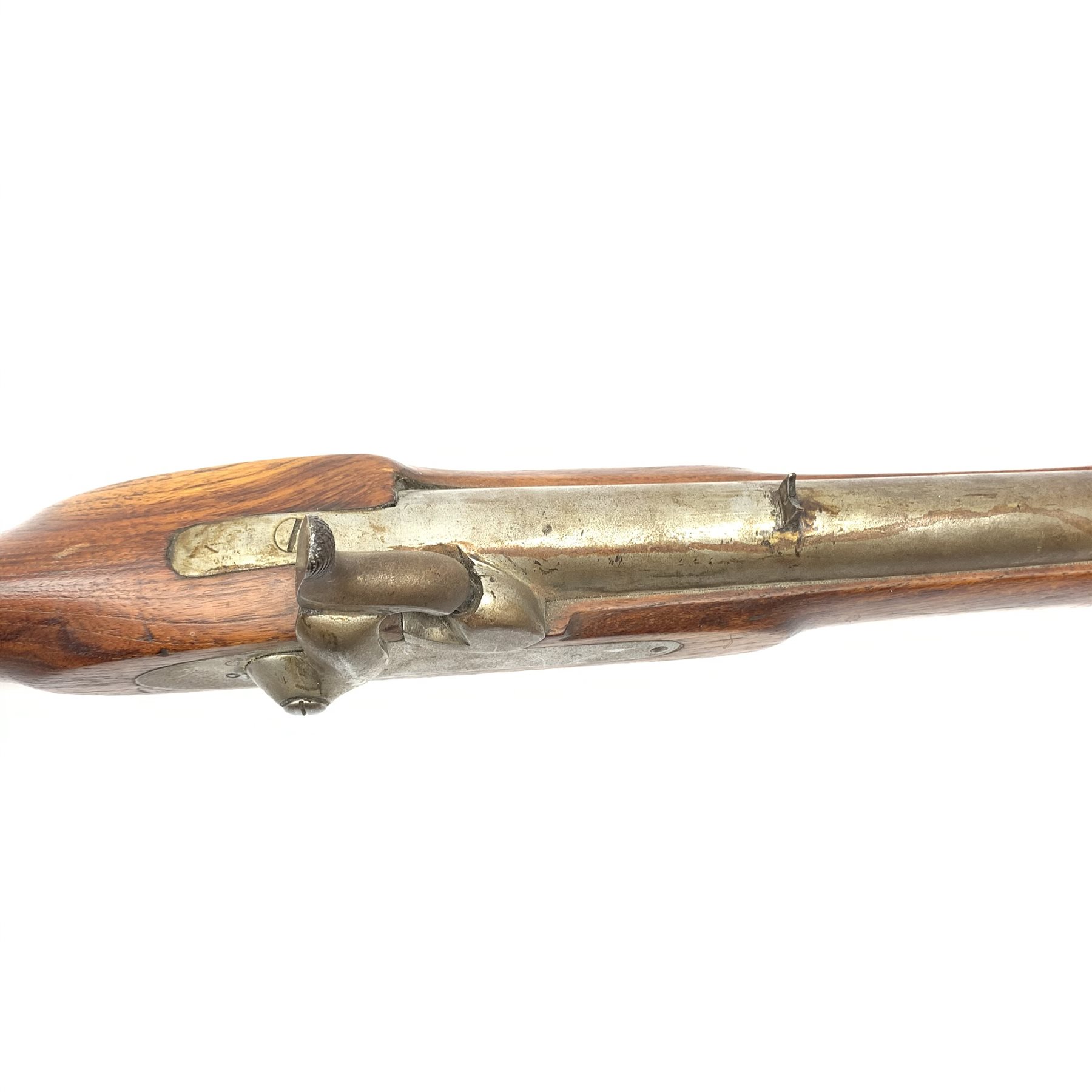 Indian style Enfield type smooth bore muzzle loading percussion cap musket, approximately 24-bore, full walnut stock with two bands and ramrod under L122cm overall