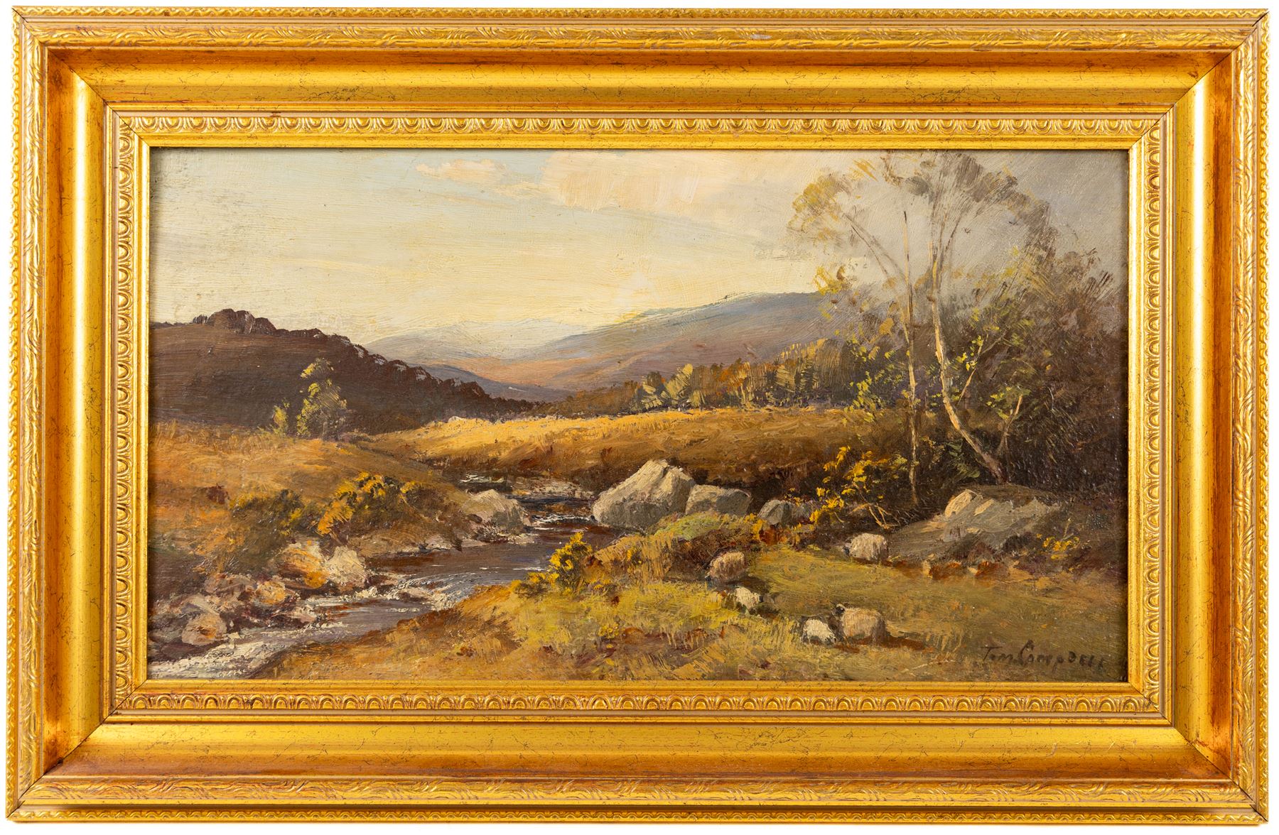 Tom Campbell (British 1865-1943): Hillside Landscape with Flowing River, oil on wood panel signed 24cm x 44cm