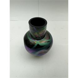 Five Austrian Art Nouveau purple glass vases, to include a Pallme-Konig example, of tapering form with matte vein decoration, and two similar pairs, tallest H16cm