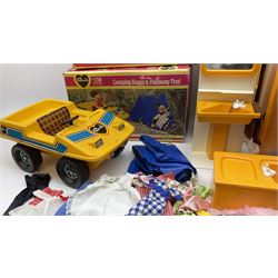 Sindy - Camping Buggy and Folding Tent, Bath, Shower, Washbasin unit and Hairdryer; all boxed; together with unboxed kitchen units, dining and bedroom furniture; and two bags of clothing and accessories