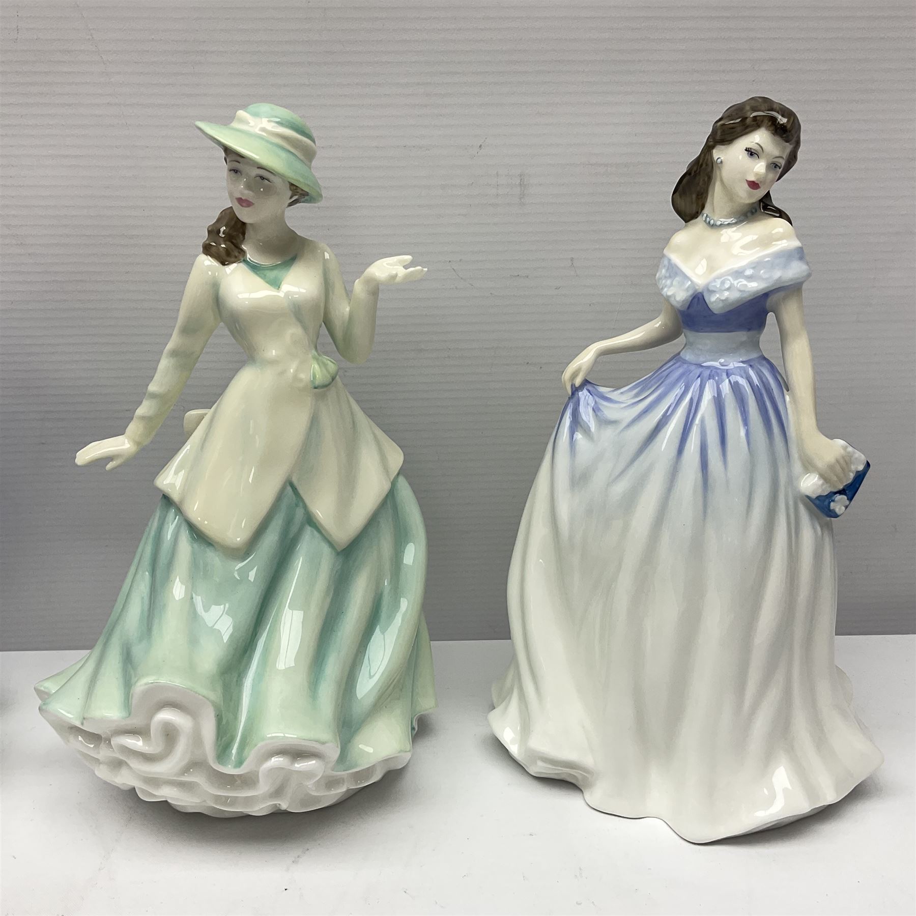 Seven Royal Doulton figures, comprising Sara HN2265, Lorraine HN4301, Mary HN3375, Olivia HN5114, Charlotte HN4092, Josephine HN4223 and Rachel HN4780, together with five smaller Royal Doulton figures (12)