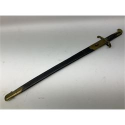 British 1855 pattern 'Sappers & Miners' Lancaster sword bayonet as issued to Medical Corps, the 62cm steel blade marked S&K with various numbers; in brass mounted leather scabbard numbered 1176