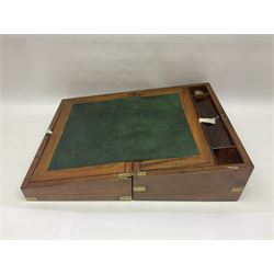 19th century brass bound wooden writing slope, the hinged lid with presentation engraving to brass cartouche, opening to reveal a green leather slope, H15cm, W35cm, D23cm