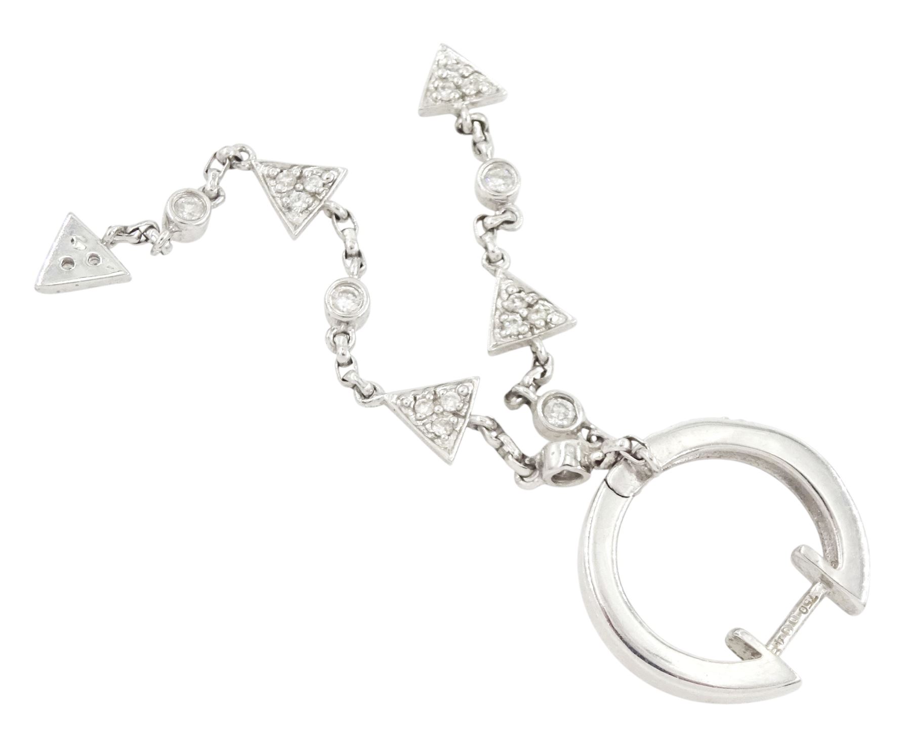 Pair of 18ct white gold diamond hoop earrings, diamond set hoops, suspending two strands of triangle and round tassel pendants, London 2007