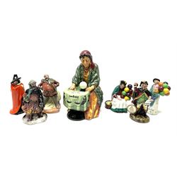 A group of Royal Doulton figures, comprising Fortune Teller HN2159, Guy Fawkes HN3271, Falslaff HN3236, Town Crier HN3261, The Balloon Seller HN2130, Good King Wenceslas HN3262, and Old Balloon Seller HN2129, six small examples with makers box. 