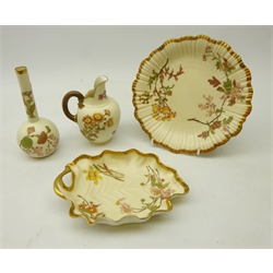  Four late Victorian Royal Worcester blush ivory decorative ceramics comprising bottle vase no.1215, leaf moulded dish no.1414, plate no. 1416 & jug no. 1094 (4)  